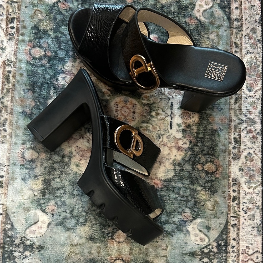 Black and Gold Block Heel Mules